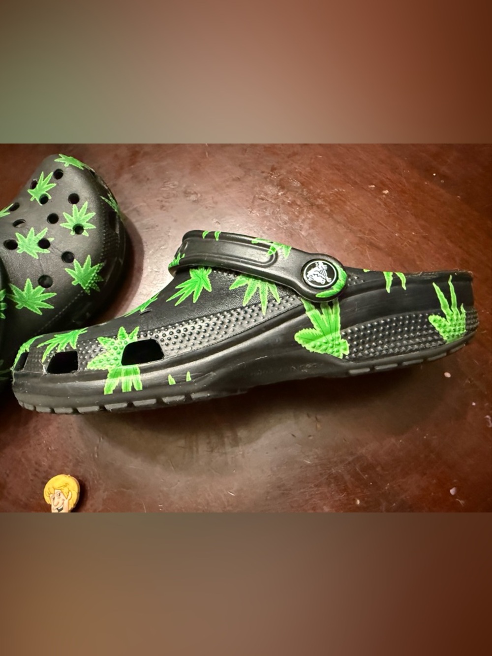 CROCS Black Clogs with Bright Green Leaf - Picture 3 of 4